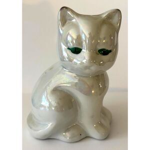 VTG Iridescent Ceramic Cat Figurine Green Eyes Lusterware Kitty Mid Century